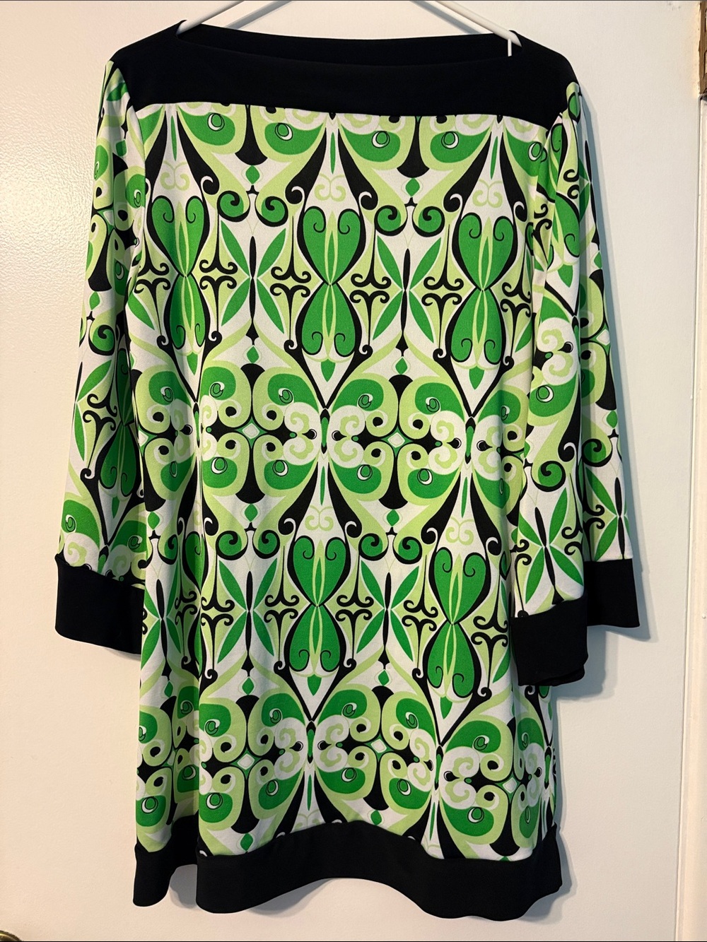 new directions Green and Black Patterned Long Sleeve Boatneck Dress